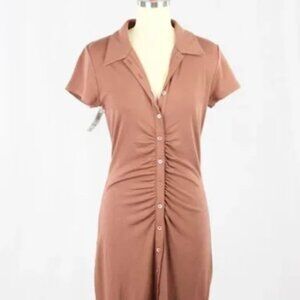 Aritzia Short Sleeve Button Front Ruched Visit Shirt Dress in Mocha Sorbet NWT